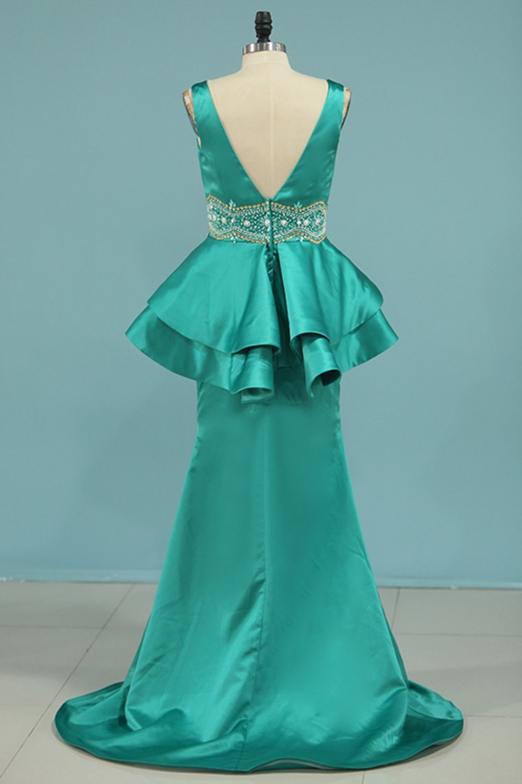 Satin Prom Dresses Mermaid V Neck With Beading Sweep Train