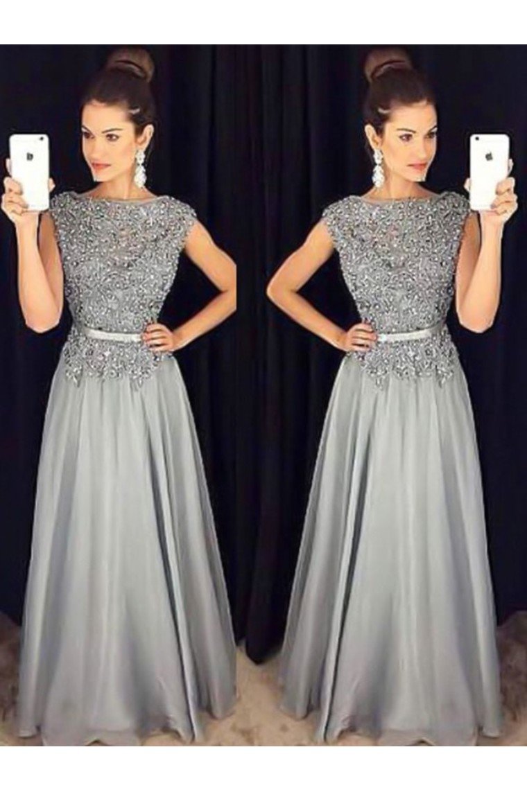 A-Line/Princess High Neck Long Sleeves Floor-Length Beading Chiffon Dresses