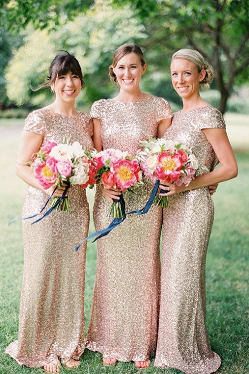 Sequin Short Sleeve Cap Sleeve Mermaid Backless Gold Long Cheap Bridesmaid Dresses WK52