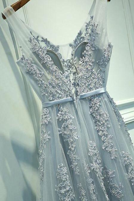 A-Line Grey Tulle with Lace Appliqued V-Neck Long Sleeveless Floor-Length Prom Dresses WK385