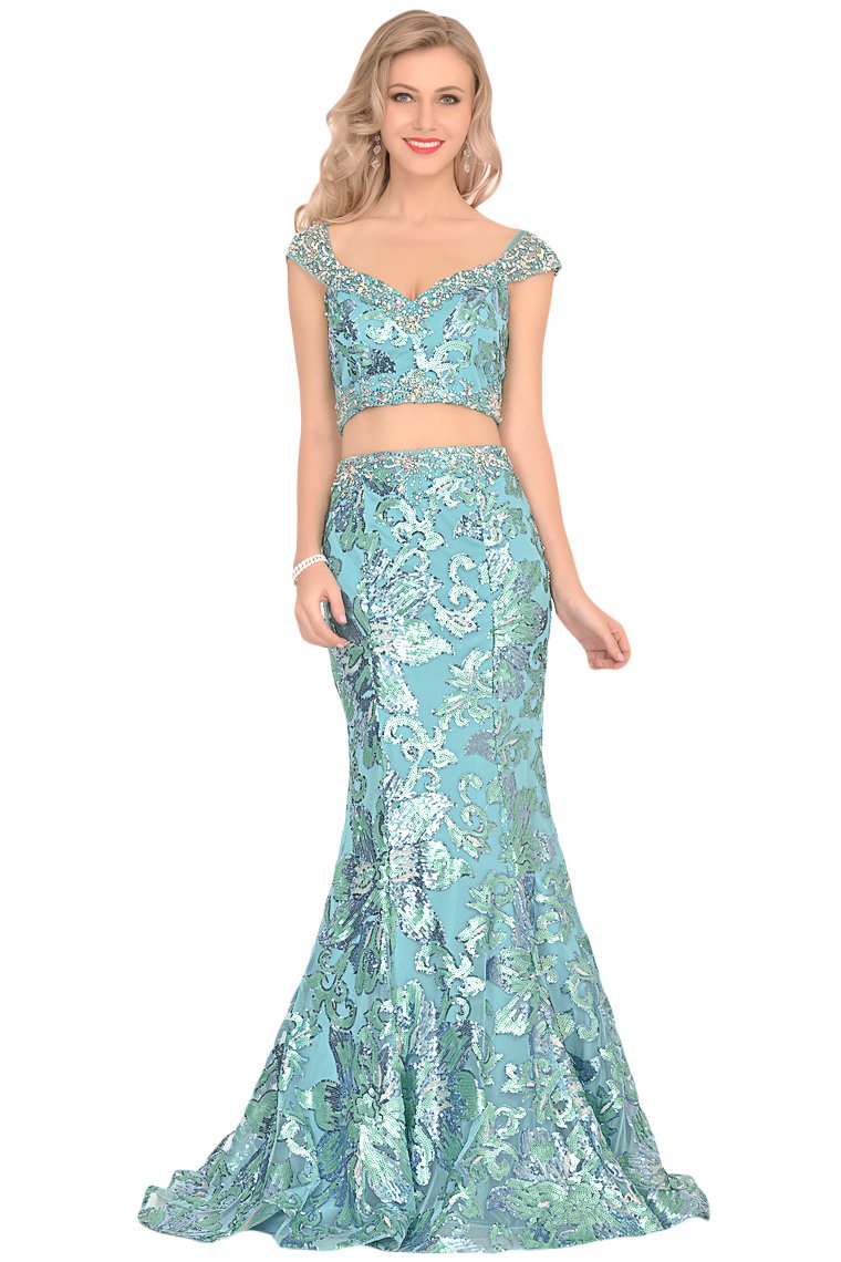 Mermaid Cap Sleeves Tulle Prom Dresses With Beads&Sequins Sweep Train