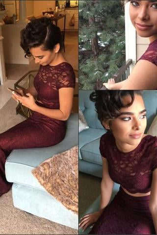 Sexy Two Pieces Burgundy Lace Mermaid Long Short Sleeves Floor Length Prom Dresses WK158