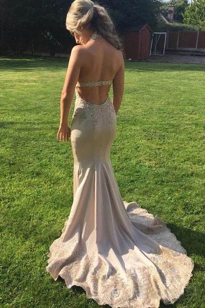 Elegant V Neck Halter Mermaid Appliques Prom Dresses with Beadding, Backless Party Dress SWK15213