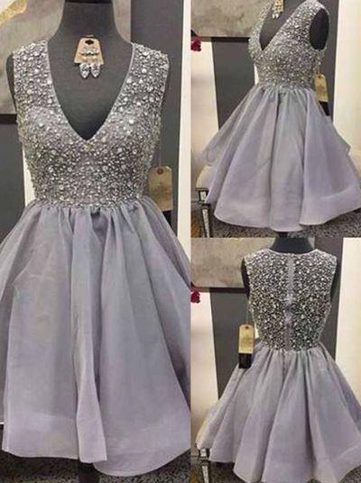 New Backless Short V-Neck Cap Sleeve Beads A-Line Knee Length Homecoming Dress WK26