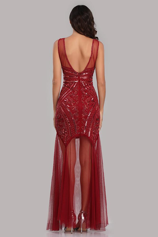 See Through Burgundy Mermaid Bateau Prom Dresses with Beading Tulle Party Dresses SWK15324