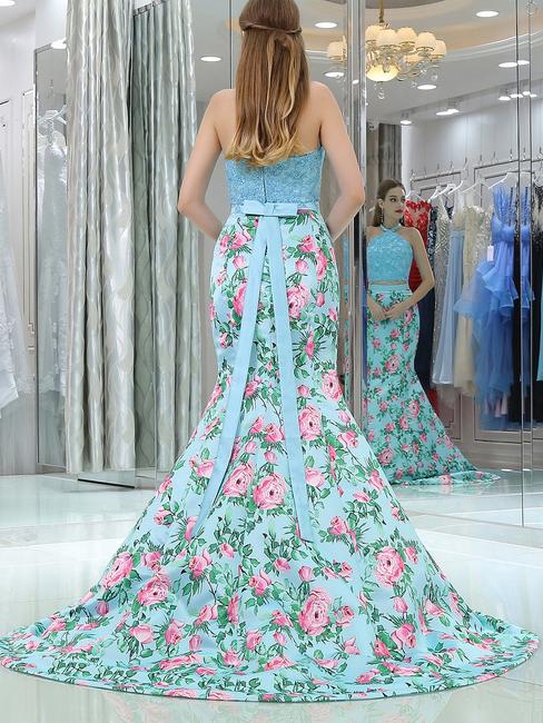 Elegant Mermaid Halter Two Pieces Blue Floral Prom Dresses, Beads Evening Dresses SWK15178