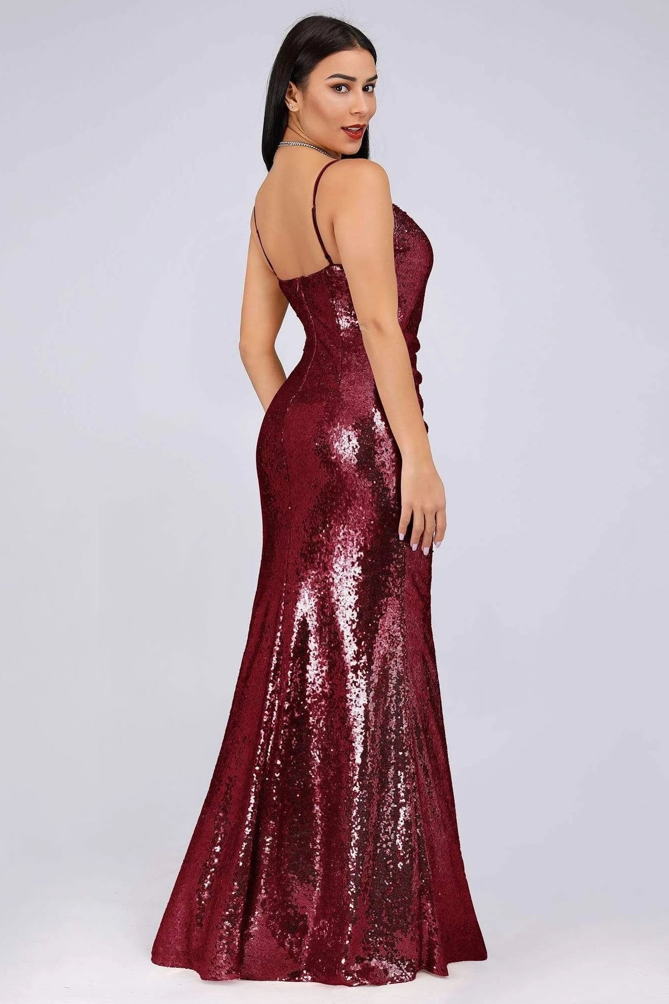 Sexy Spaghetti Straps Burgundy Sequins V Neck Party Dresses Mermaid Prom Dresses SWK15358