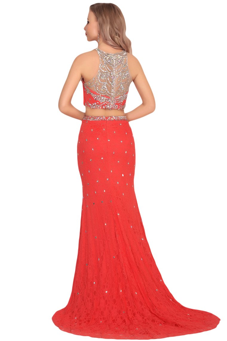 Boat Neck Lace With Beading&Rhinestones Mermaid Sweep Train Prom Dresses