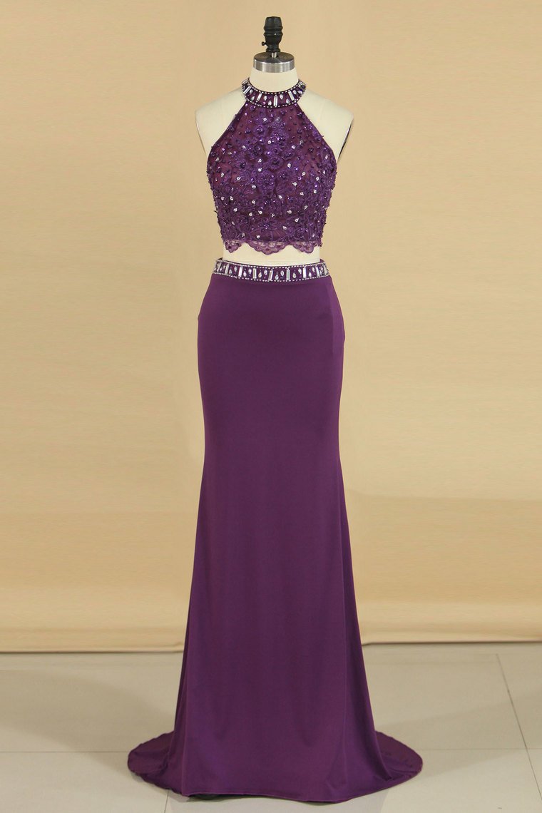 Two-Piece High Neck Prom Dresses Mermaid With Applique Spandex