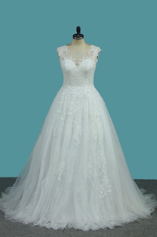 Scoop Tulle & Lace A Line With Applique Sweep Train Wedding Dresses