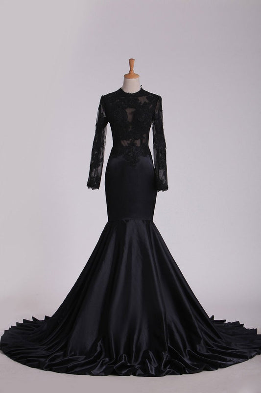 Evening Dresses Scoop Long Sleeve With Applique Mermaid Elastic Satin