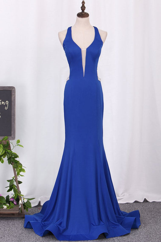 Open Back Mermaid Straps Evening Dresses Satin With Beading