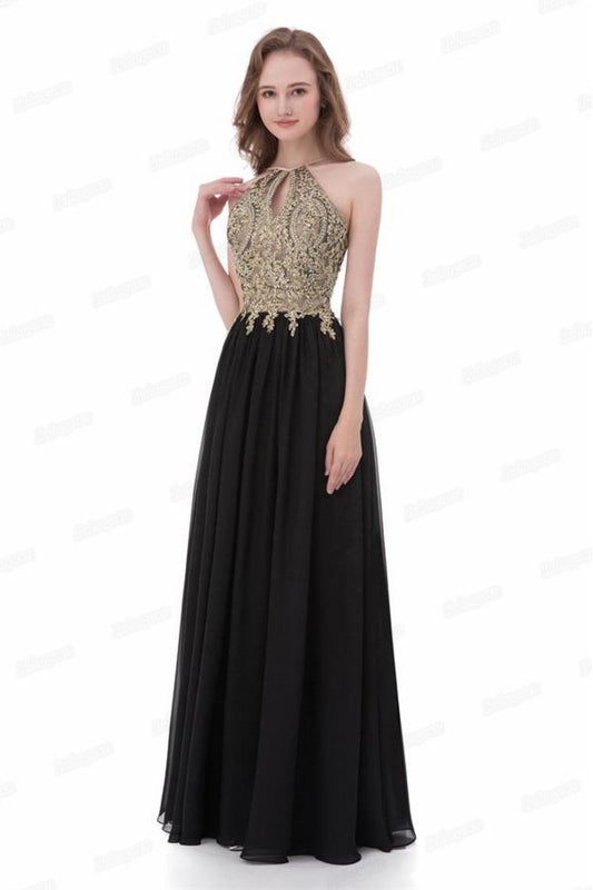 Classy Formal Lace Chiffon Black And Gold Long Prom Dresses Prom Gowns