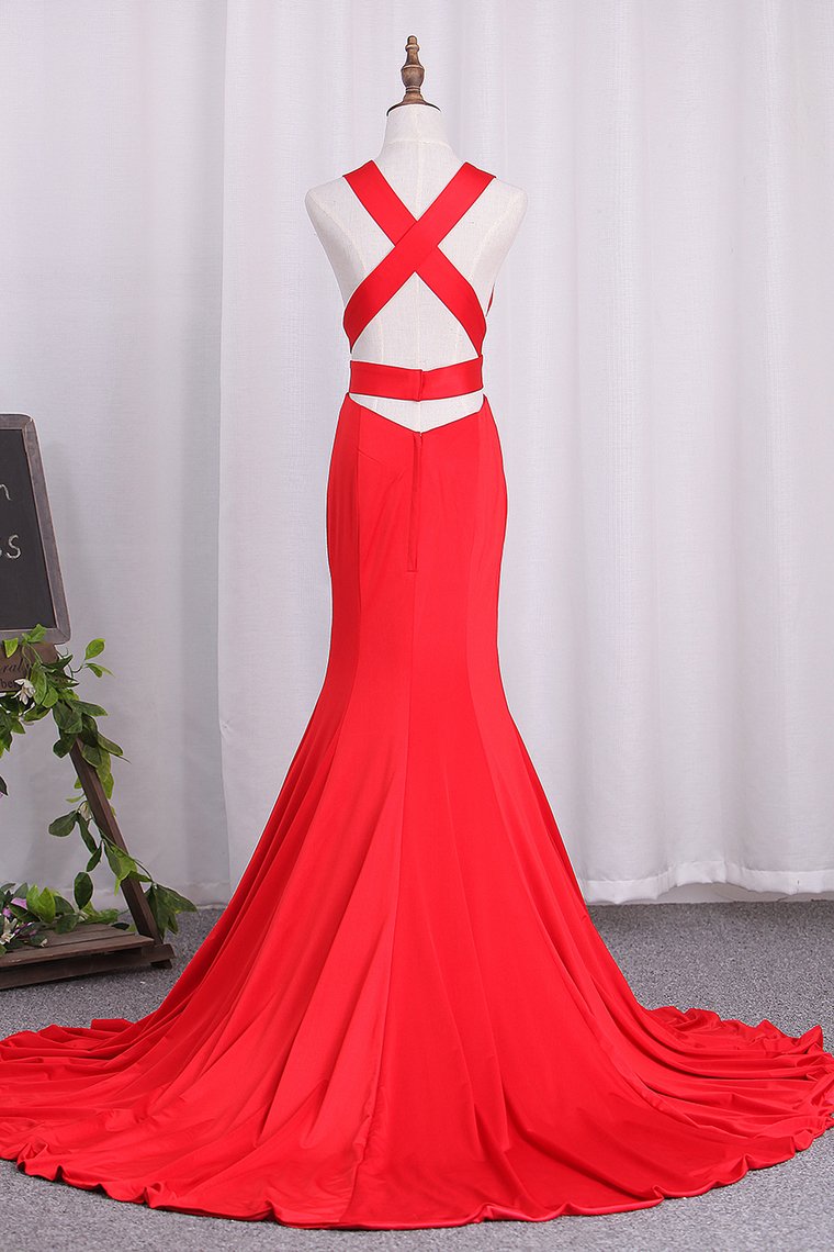 V Neck Satin Evening Dresses Mermaid Open Back Sweep Train