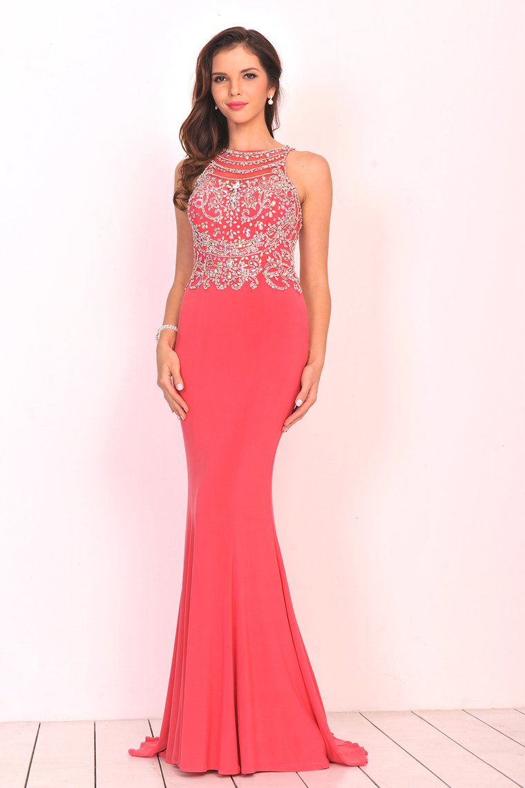 Spandex Scoop With Beading Prom Dresses Mermaid Sweep Train