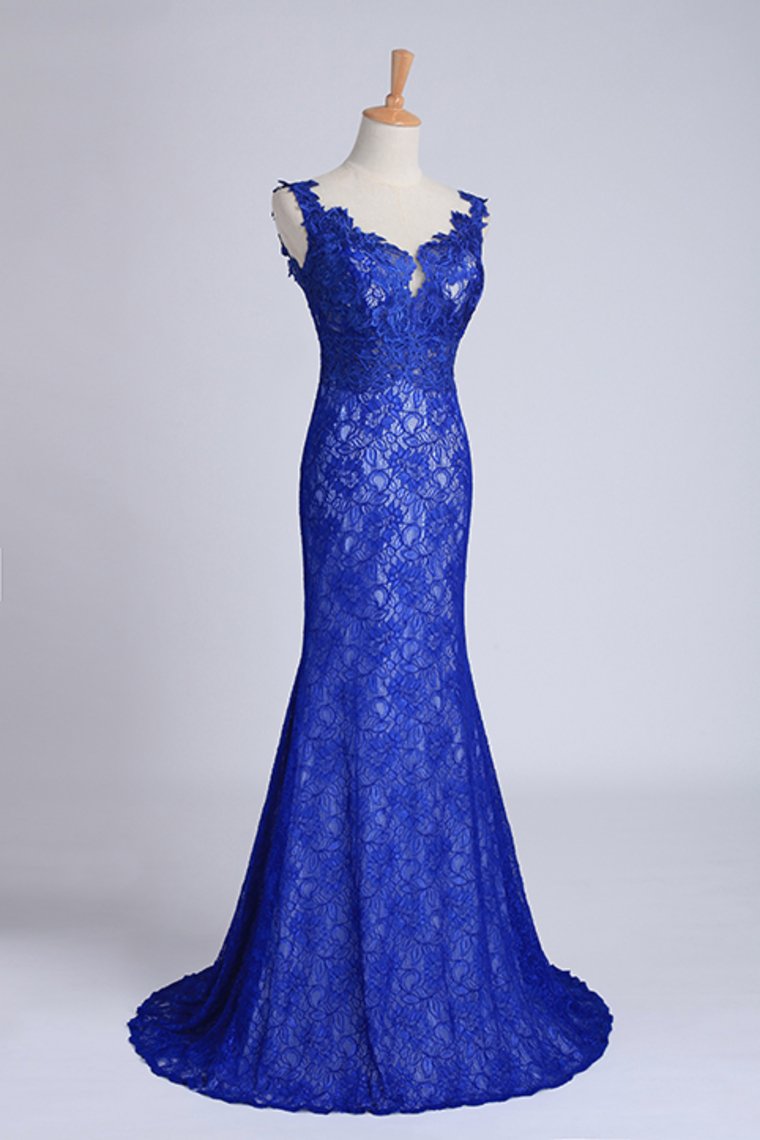 Evening Dresses Bateau Mermaid With Deep V Shape Back Lace&Tulle Dark Royal Blue