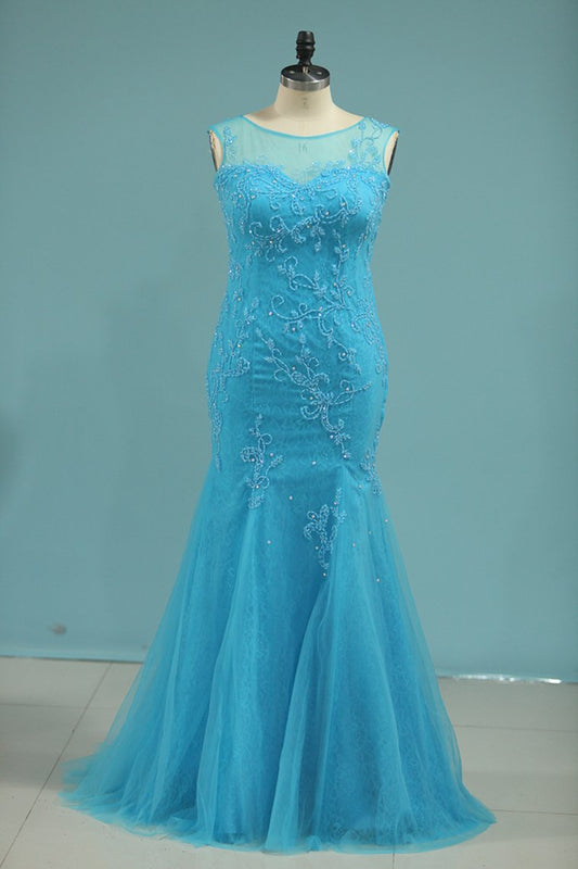 Scoop Mermaid Prom Dresses With Beads Lace And Tulle Sweep Train