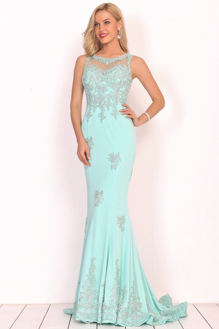 Prom Dresses Mermaid Scoop Spandex With Applique Sweep Train