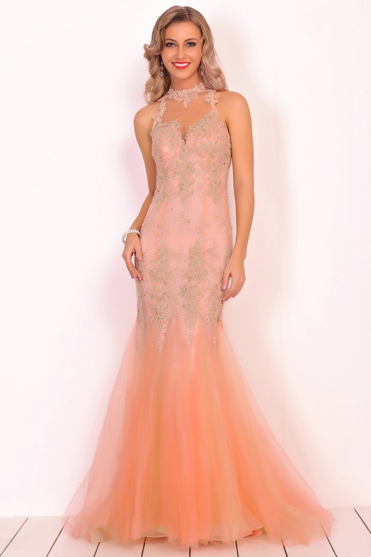 High Neck Tulle With Applique Mermaid Prom Dresses Sweep Train