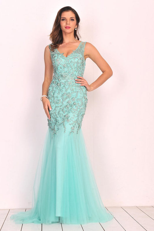 New Arrival V Neck Tulle With Applique And Beads Mermaid Prom Dresses