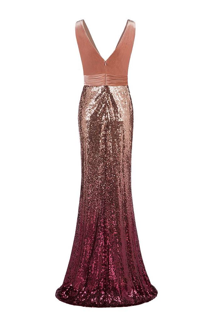 Sexy Sequins Mermaid V Neck Burgundy Velvet Long Prom Dresses Backless Evening Dress SWK15352