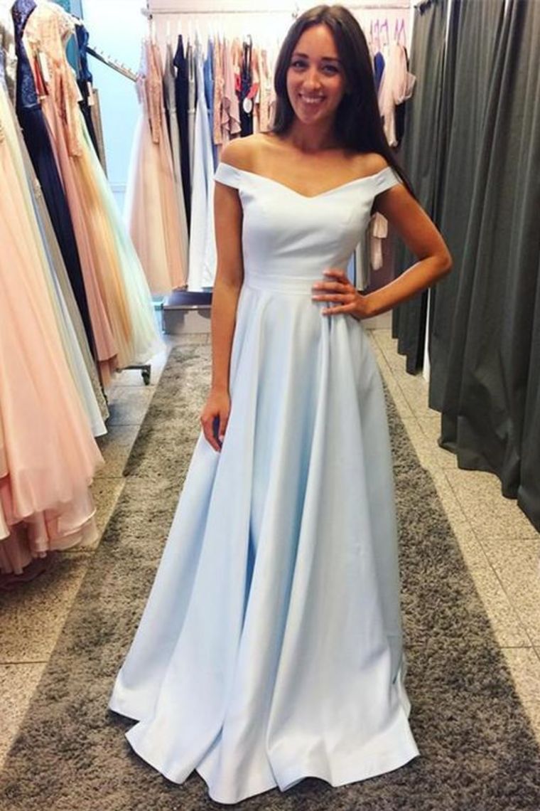 Charming Off The Shoulder Long Light Sky Blue Simple Prom Dresses