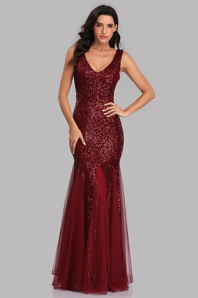 Sexy Burgundy Tulle V Neck Mermaid Sequin Prom Dresses, Evening Party Dresses SWK15332