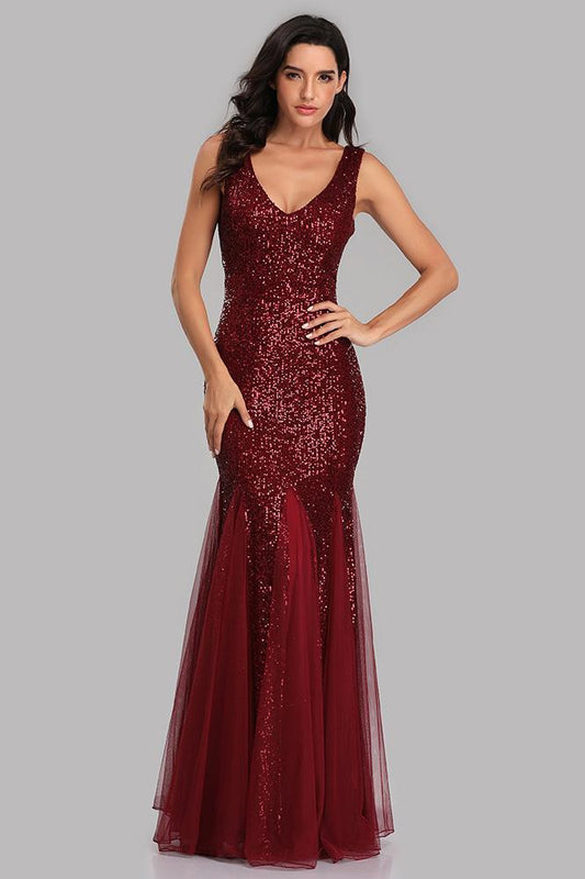 Sexy Burgundy Tulle V Neck Mermaid Sequin Prom Dresses, Evening Party Dresses SWK15332