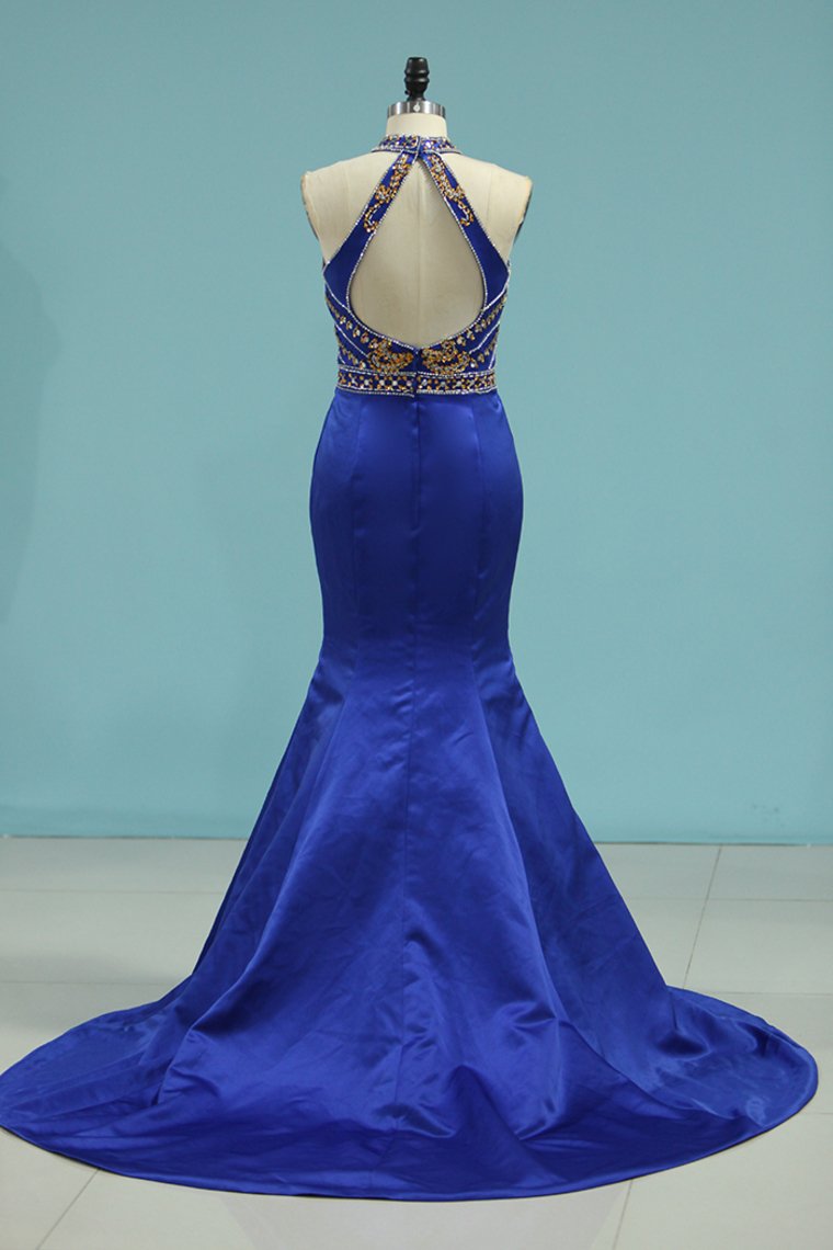 Scoop Open Back Satin With Beading Mermaid Prom Dresses