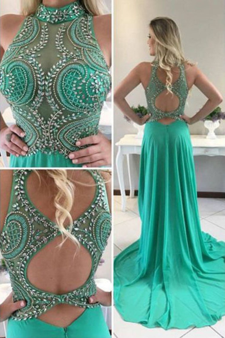 High Neck Open Back Beaded Bodice Chiffon Prom Dresses A Line