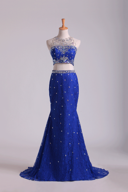 Two-Piece Scoop Mermaid Prom Dresses With Beading Lace Dark Royal Blue