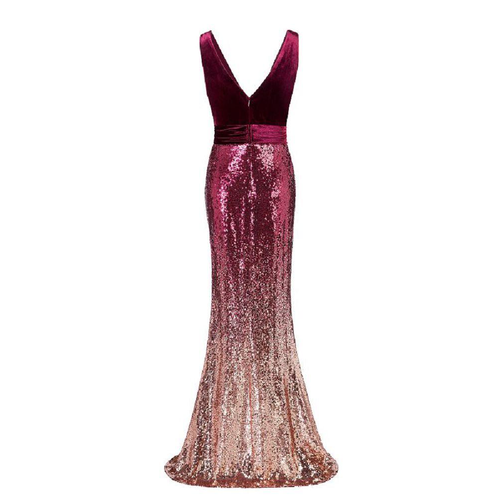 Sexy Sequins Mermaid V Neck Burgundy Velvet Long Prom Dresses Backless Evening Dress SWK15352