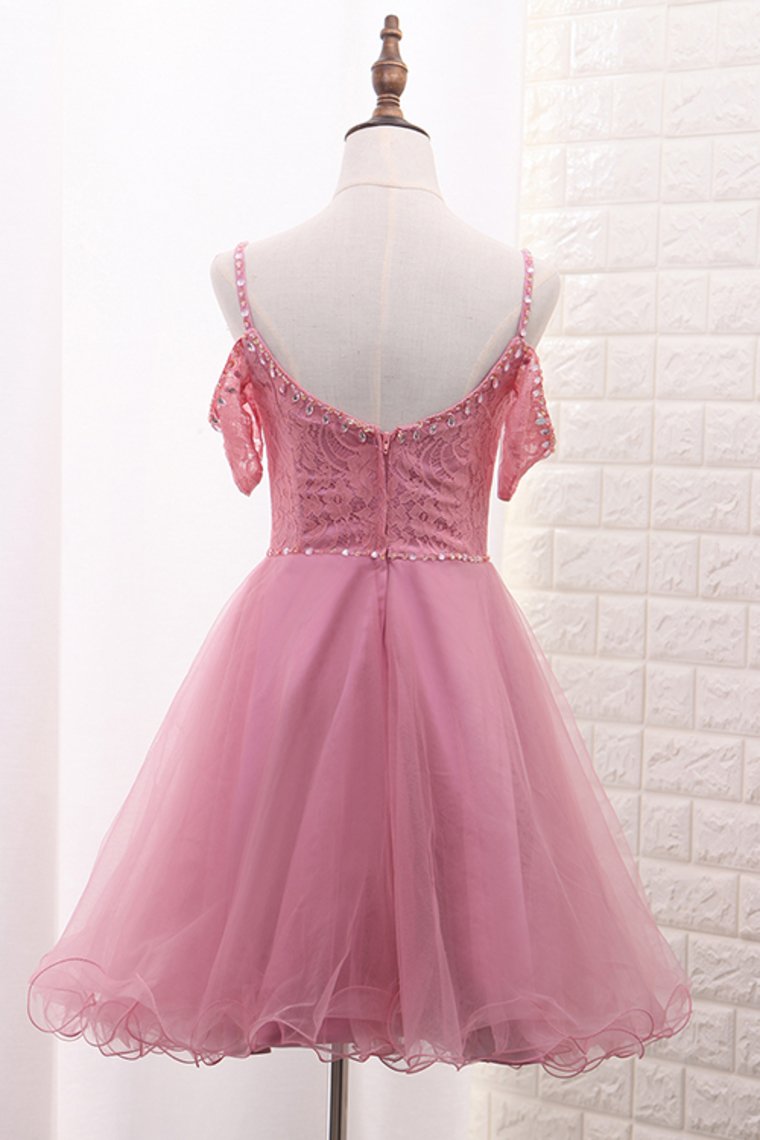 Spaghetti Straps A Line Tulle & Lace With Beads Homecoming Dresses