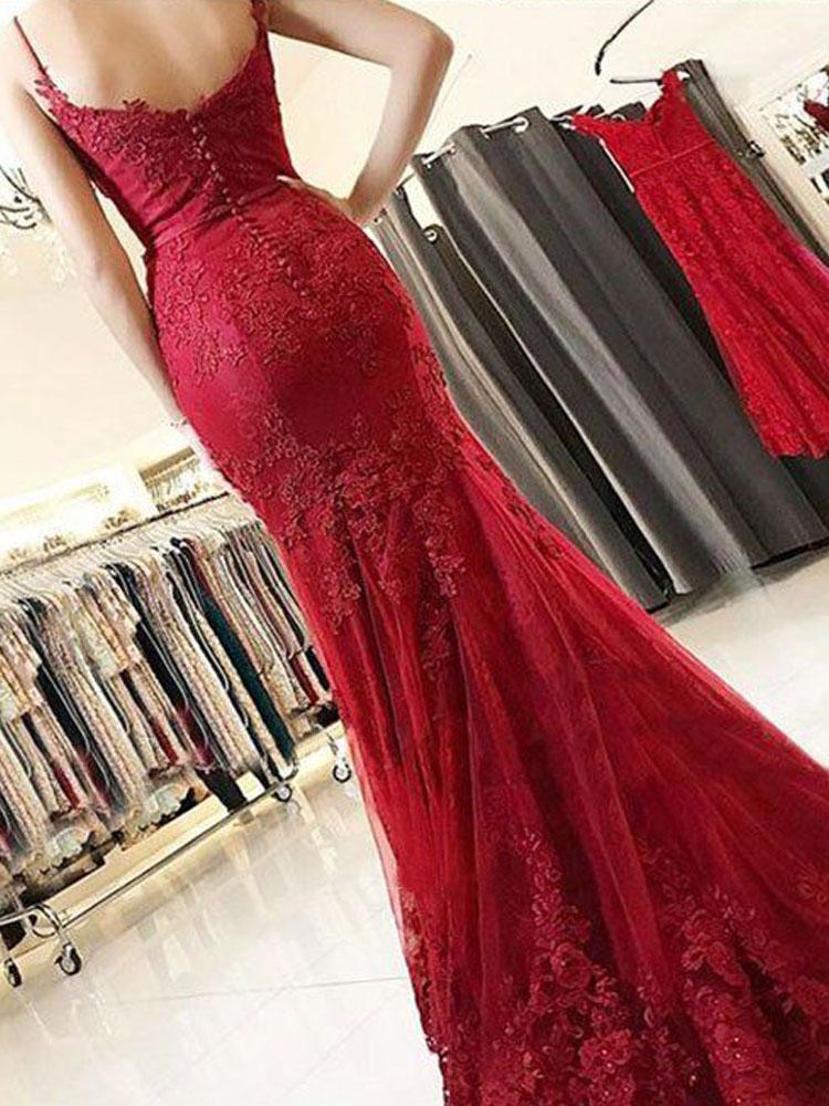 Mermaid Spaghetti Straps Burgundy Lace Appliques Prom Dresses Long Formal SWK12840