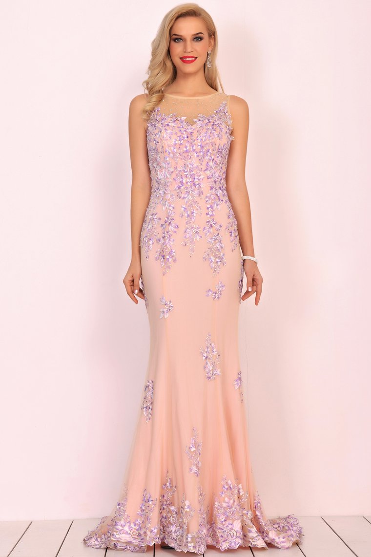 Mermaid Scoop Tulle Prom Dresses With Beads&Appliques Sweep Train