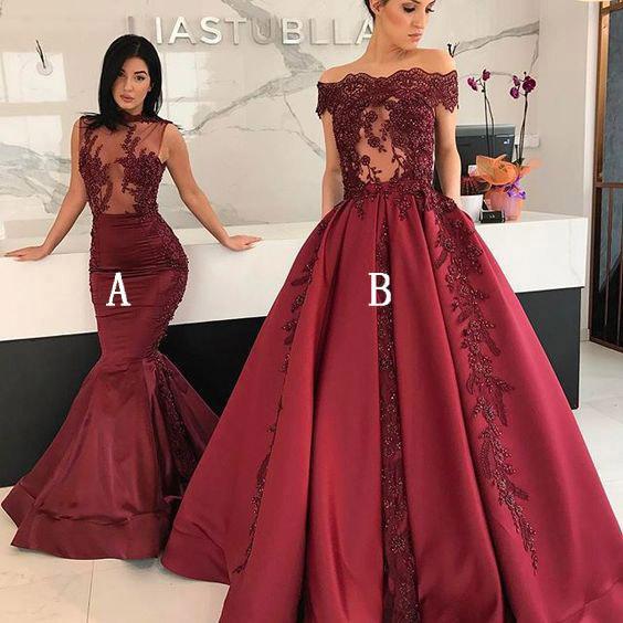 Burgundy Long Affordable Appliques Mermaid Lace Appliques Prom Dresses WK300