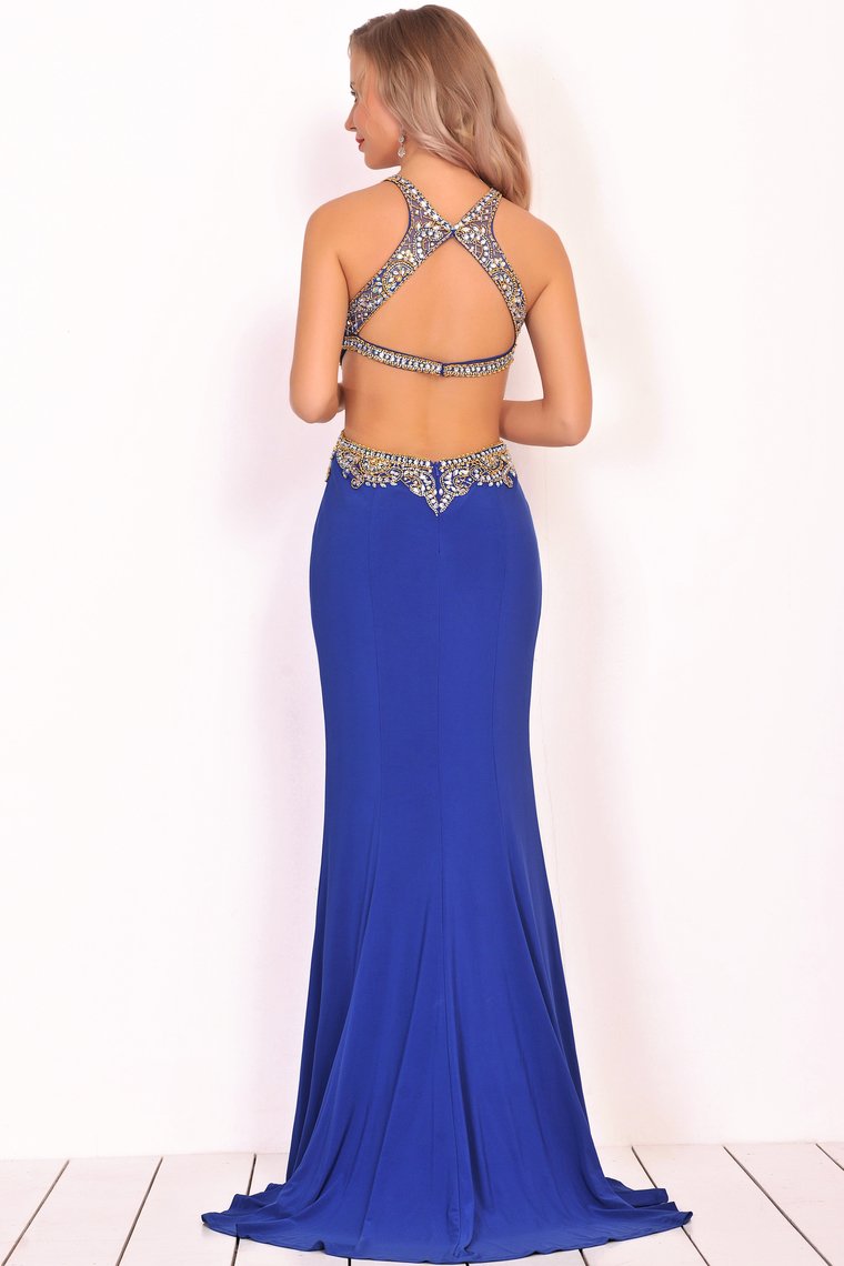 Sexy Open Back Scoop Mermaid Prom Dresses Spandex With Beads And Slit