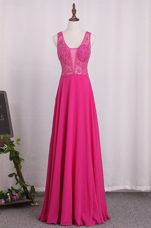 Prom Dresses A Line V Neck Beaded Bodice Chiffon Open Back