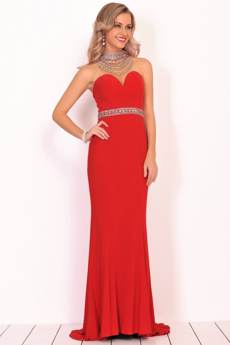 Prom Dresses Mermaid High Neck Spandex With Beading Sweep Train