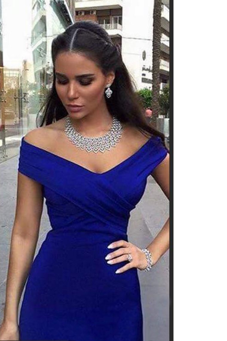 Prom Dresses Off The Shoulder Satin Mermaid Dark Royal Blue Sweep Train