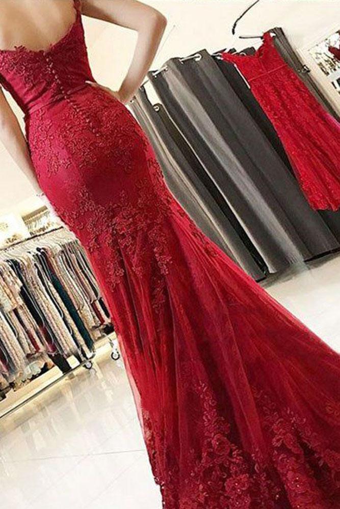 Mermaid Spaghetti Straps Burgundy Lace Appliques Prom Dresses Long Formal SWK12840