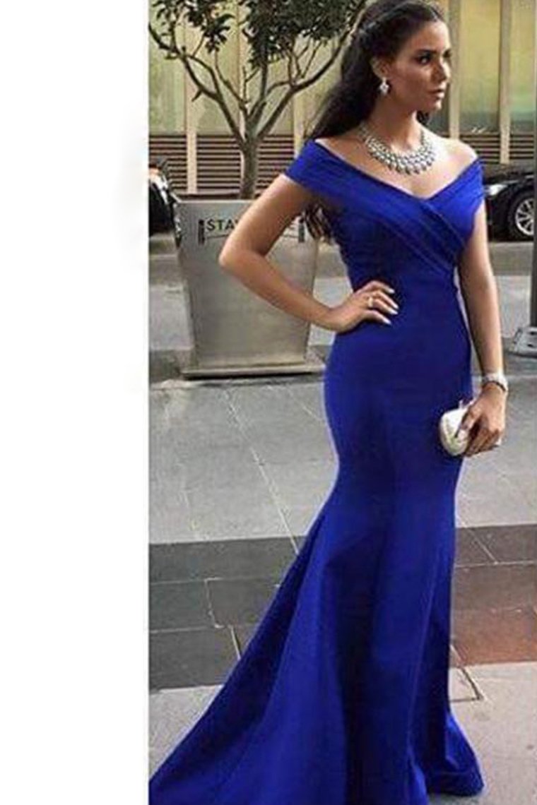 Prom Dresses Off The Shoulder Satin Mermaid Dark Royal Blue Sweep Train