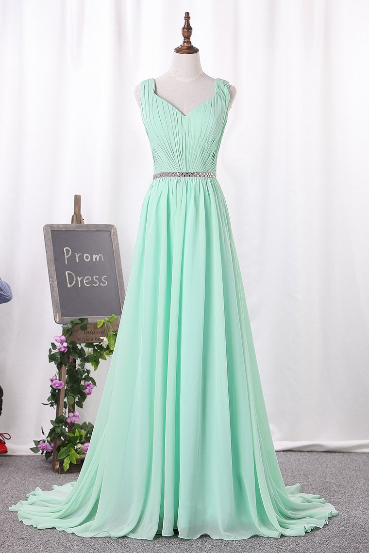 V Neck A Line Ruched Bodice Beaded Waistline Chiffon Bridesmaid Dresses Sweep Train