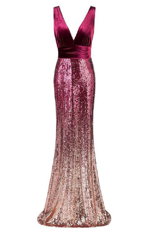 Sexy Sequins Mermaid V Neck Burgundy Velvet Long Prom Dresses Backless Evening Dress SWK15352