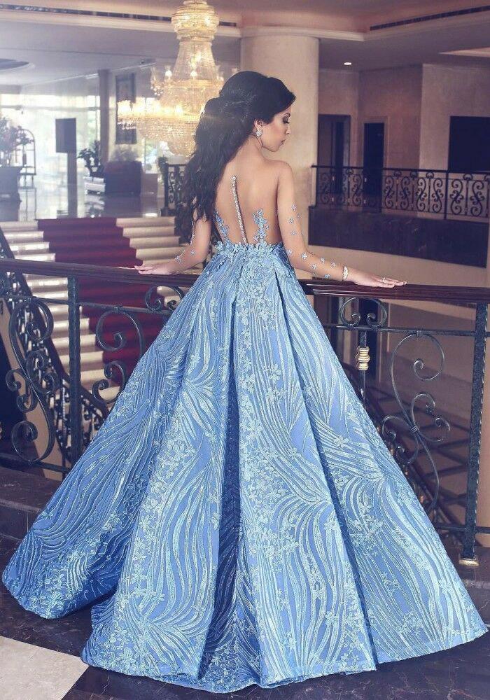 Elegant Blue Long Sleeve Mermaid Appliques Long Prom Dresses, Party Dresses SWK15161