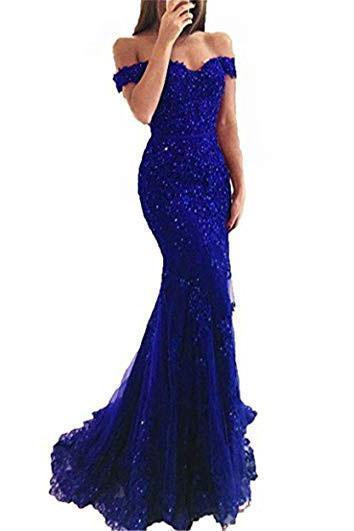 Blue Off the Shoulder Long Lace Appliques Mermaid Beads Prom Dresses Evening SWK11258