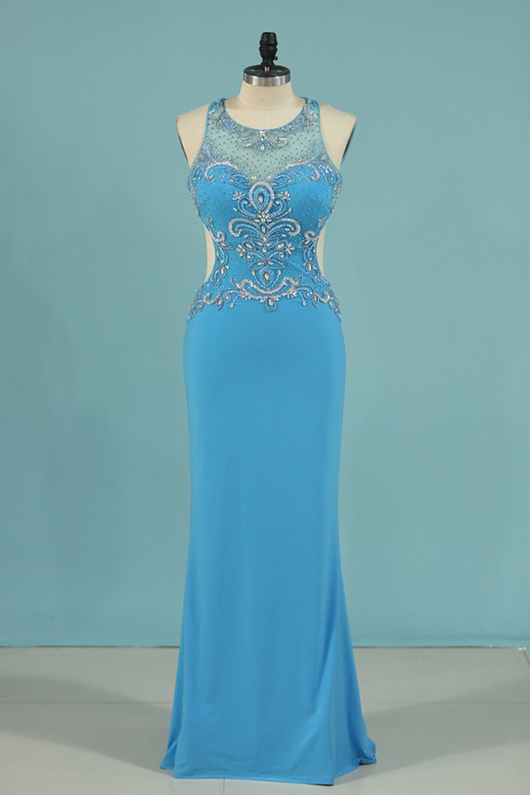 Prom Dresses Scoop Beaded Bodice Spandex Open Back Mermaid