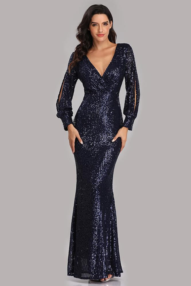 Long Split Sleeve Mermaid V Neck Dark Navy Blue Sequins Prom Dresses, Formal Dress SWK15256