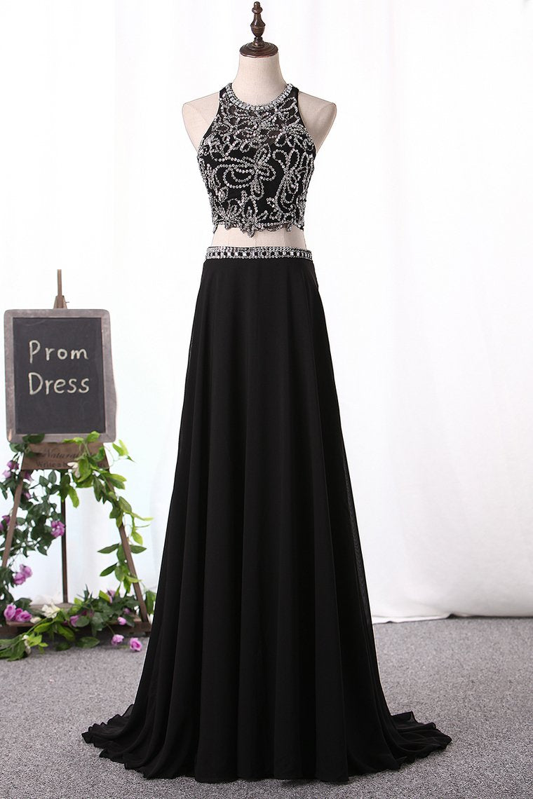 A Line Prom Dresses Scoop Beaded Bodice Chiffon Two Pieces