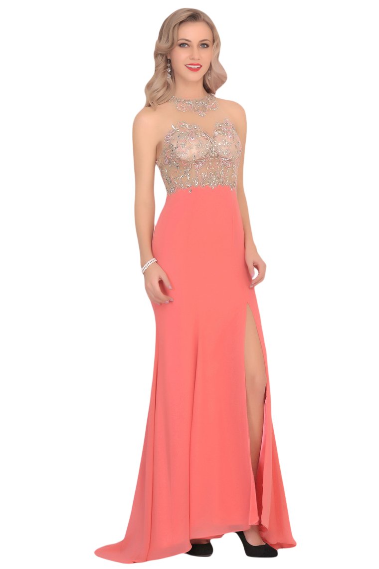 Mermaid Scoop Chiffon Prom Dresses With Beads And Slit